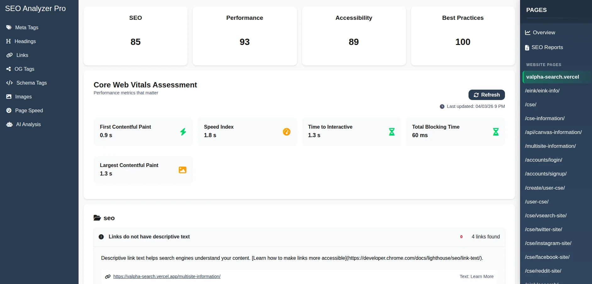 Technical SEO dashboard displaying Core Web Vitals page speed metrics with a right sidebar showing the list of crawled website pages.