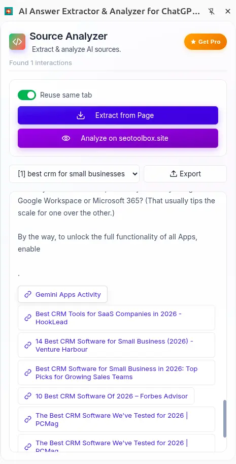 Screenshot of the AI Answer Extractor Browser extension showing extracted sources, query fanout and AI answers from a ChatGPT conversation