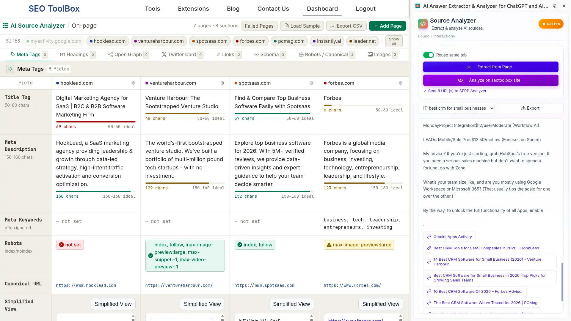 Side by side comparison of AI cited pages showing metadata, headings, links, and simplified page view