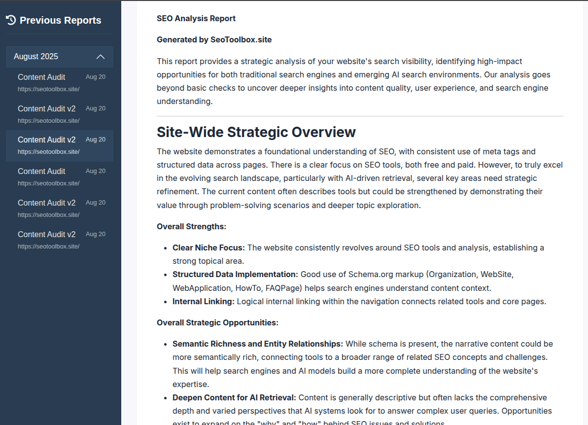 Comprehensive SEO reporting interface displaying previously generated reports in the sidebar and a detailed SEO report loaded on the main panel.