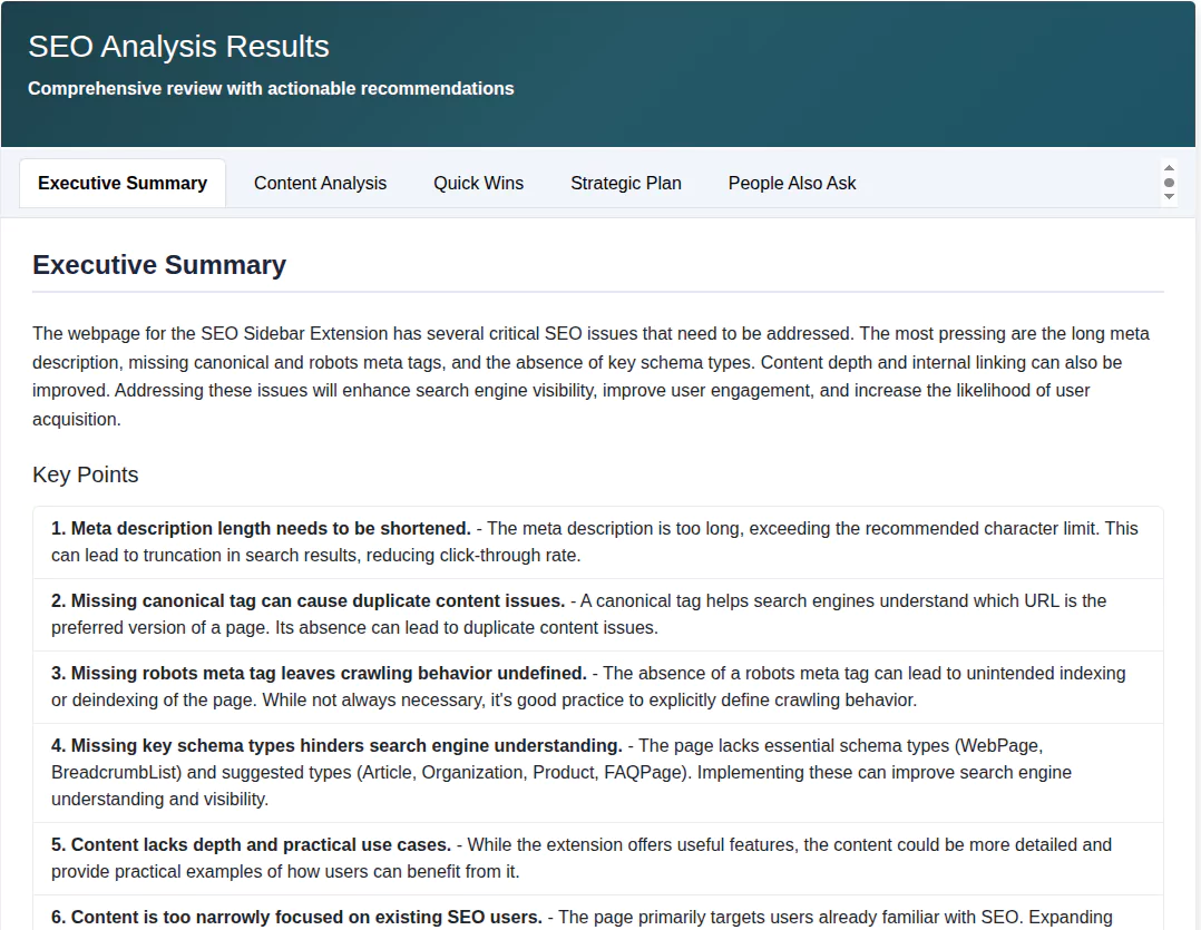 Personalized strategy view showing tabbed layout with Executive Summary, Content Analysis, Quick Wins, Strategic Plan, and People Also Ask tabs for actionable SEO recommendations