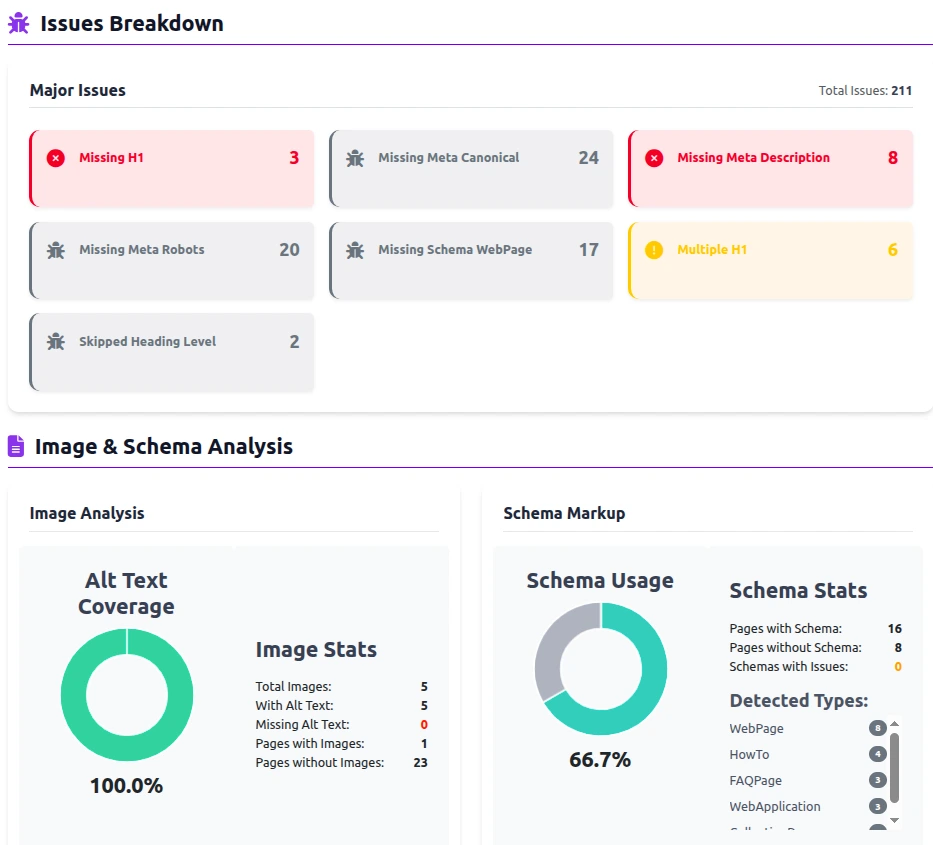 SEO Analyzer Pro unified dashboard highlighting critical SEO issues with visual charts, schema markup coverage statistics, and breakdown of schema types across multiple webpages for better optimization insights