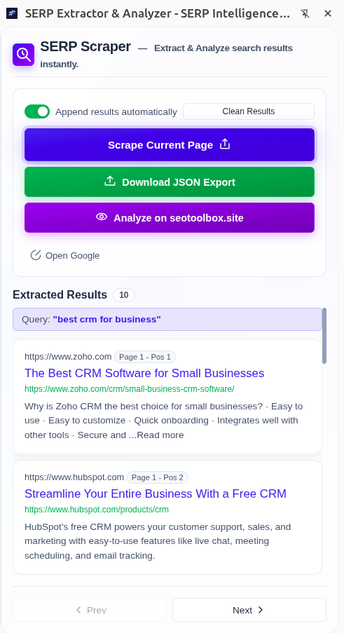 Screenshot of a SERP Intelligence extension with buttons for scraping pages, exporting data, and analyzing results. Displays extracted Google search results with titles, links, and snippets.